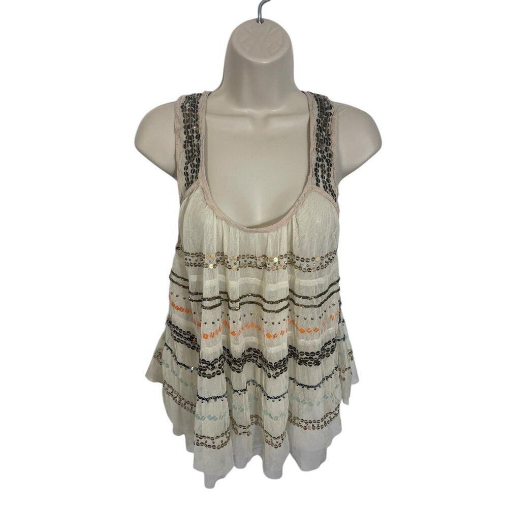 FREE PEOPLE MERCURY MESH TANK Women's XS Sequined Ivory Embellished Top FLAWED